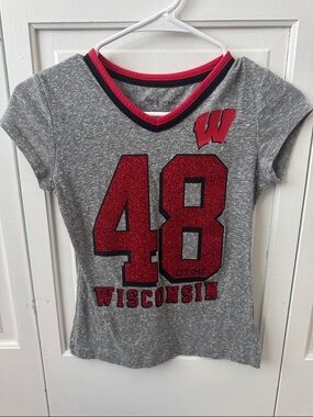 Wisconsin V-Neck Tee with Red Glitter